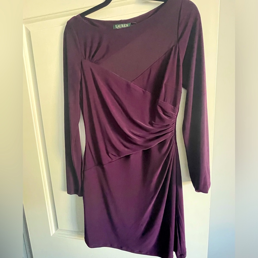 💓 SOLD! RALPH LAUREN Knee Length Evening Dress - Ruched Waist - Mesh Neckline 💜